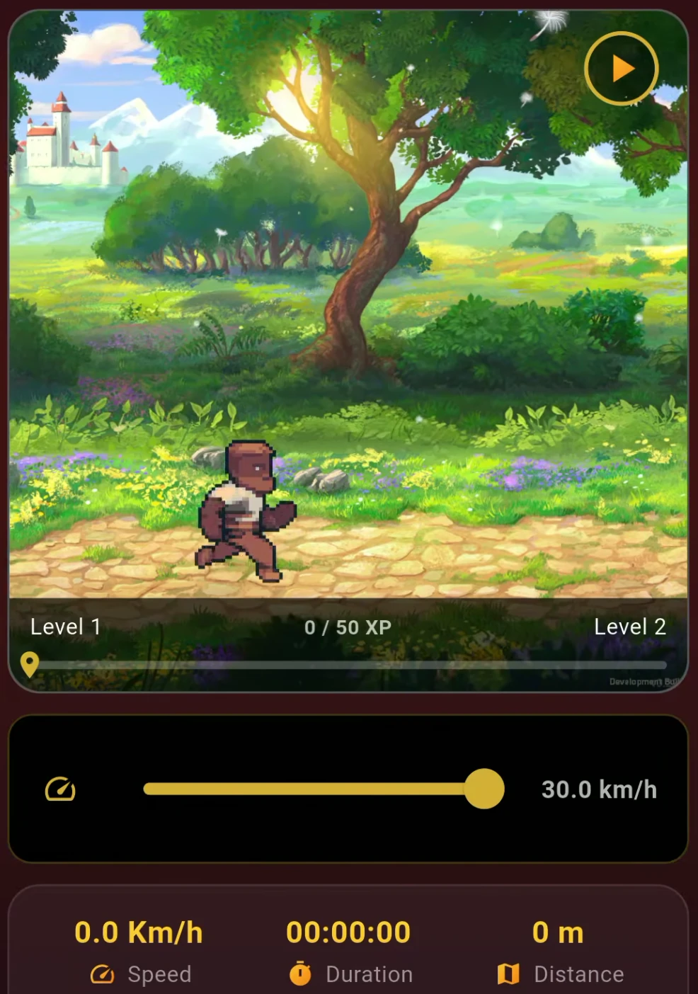 Healthpoint Hero app showing a fantasy character, experience progress, and pedaling speed and distance