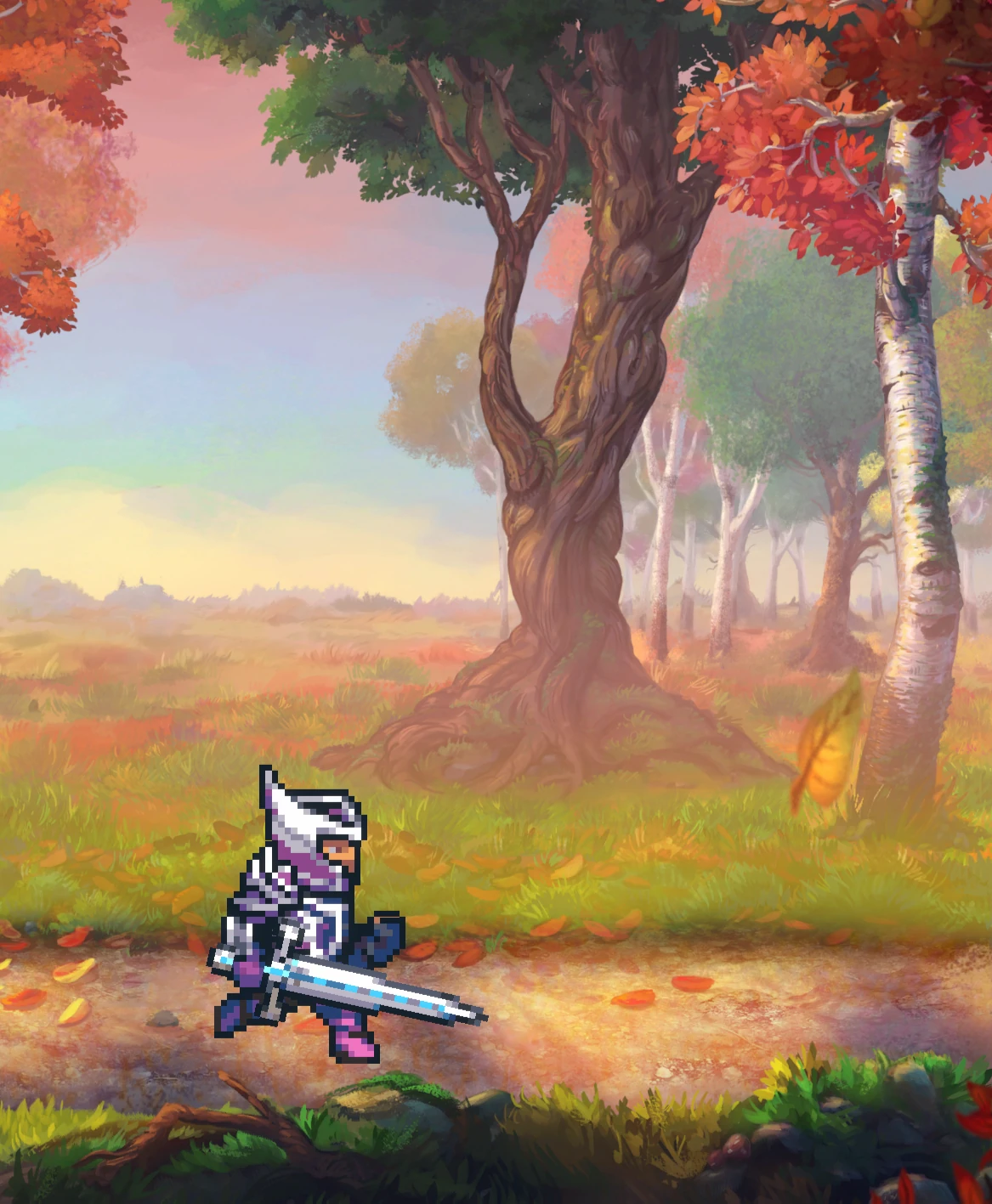Healthpoint Hero pixel-art character running through a colorful fantasy forest