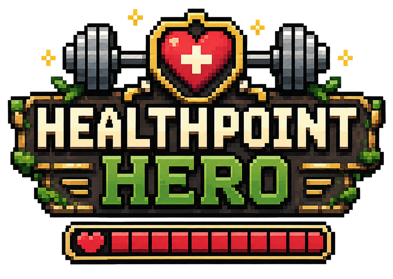 Healthpoint Hero: fantasy pixel-art logo with heart, barbell and health bar