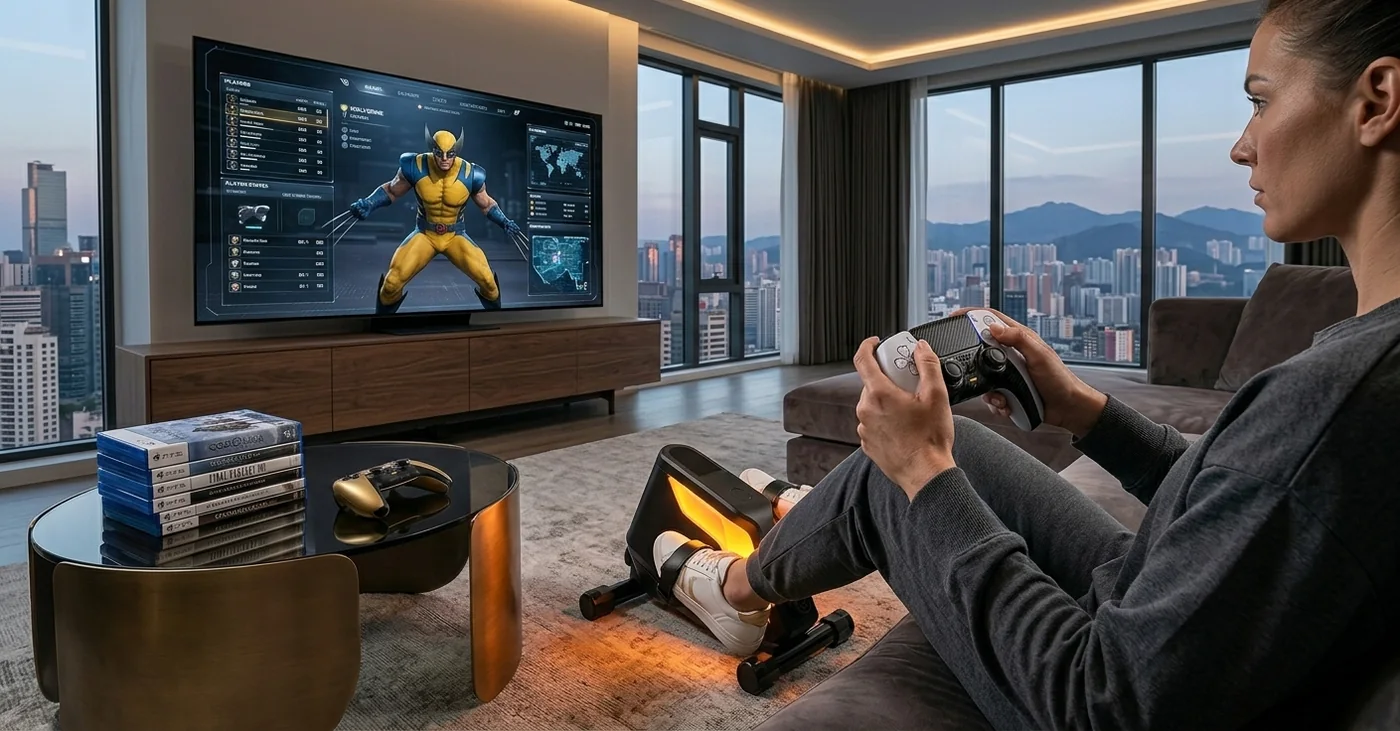Woman playing a console game while pedaling MAX HP in a modern living room