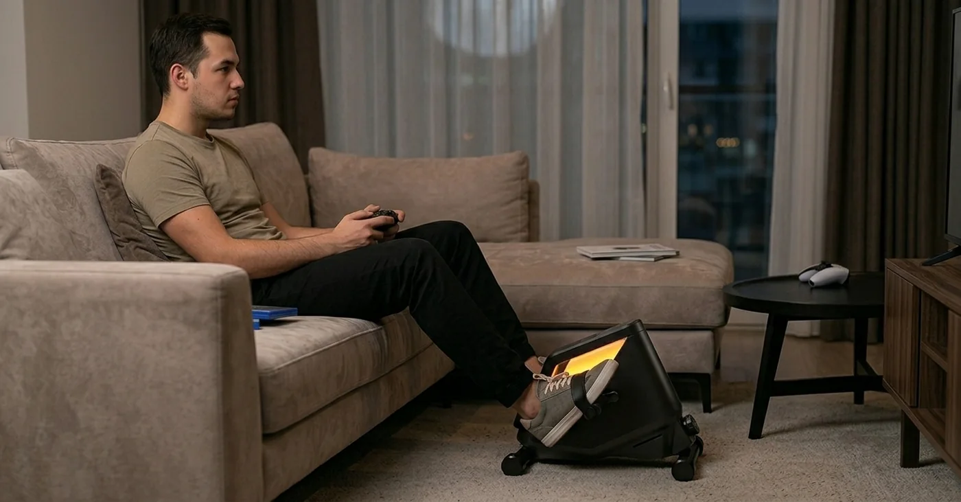 A gamer on a sofa using MAX HP pedals while holding a controller
