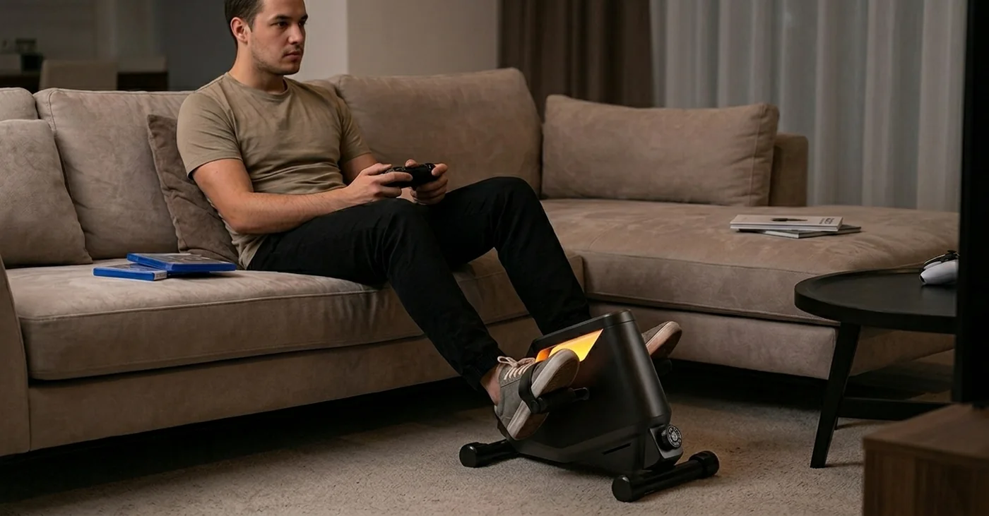 Gamer seated on a couch with feet resting on the MAX HP pedals