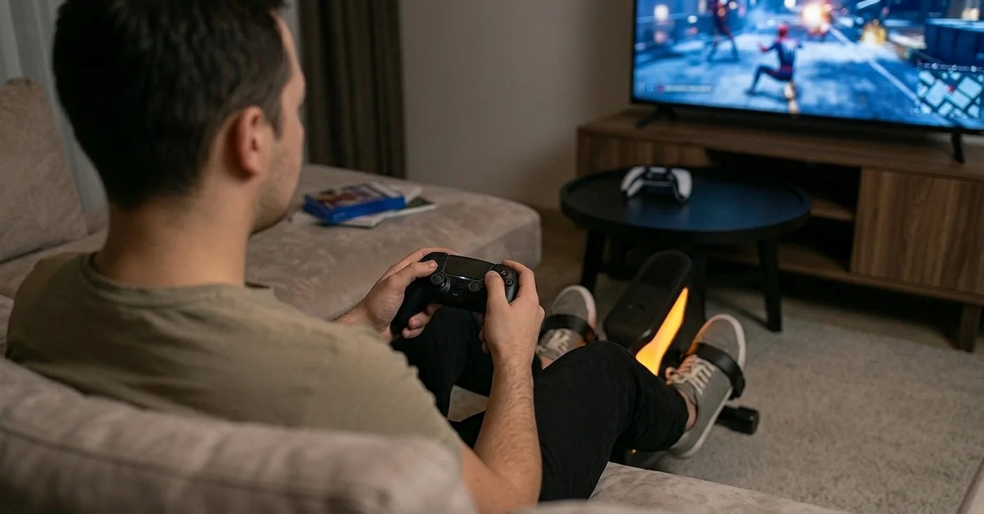 Over the shoulder of a gamer using a controller with MAX HP in front of a television